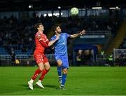 23 June 2025; Pádraig Amond of Waterford in action against Sean Gannon of Shelbourne during the SSE Airtricity Men's Premier Division match between Waterford and Shelbourne at the Regional Sports Centre in Waterford. Photo by Piaras Ó Mídheach/Sportsfile