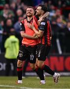 23 June 2025; Adam McDonnell, left, and Jordan Flores of Bohemians celebrate after the SSE Airtricity Men's Premier Division match between Bohemians and Shamrock Rovers at Dalymount Park in Dublin. Photo by Ramsey Cardy/Sportsfile