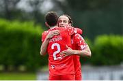 23 June 2025; Harry Wood of Shelbourne celebrates with team-mate Sean Gannon, 2, after scoring their side's first goal during the SSE Airtricity Men's Premier Division match between Waterford and Shelbourne at the Regional Sports Centre in Waterford. Photo by Piaras Ó Mídheach/Sportsfile