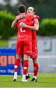 23 June 2025; Harry Wood of Shelbourne celebrates with team-mate Sean Gannon, 2, after scoring their side's first goal during the SSE Airtricity Men's Premier Division match between Waterford and Shelbourne at the Regional Sports Centre in Waterford. Photo by Piaras Ó Mídheach/Sportsfile