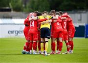 23 June 2025; Shelbourne players in a huddle before the SSE Airtricity Men's Premier Division match between Waterford and Shelbourne at the Regional Sports Centre in Waterford. Photo by Piaras Ó Mídheach/Sportsfile