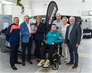 24 June 2025; Ian O'Connell from Killarney, Kerry, who received a modified Ford at the launch of the 24th annual Circet All-Ireland GAA Golf Challenge from Antrim manager and All-Ireland GAA Golf Challenge ambassador Davy Fitzgerald, Challenge organising chairman Liam Daniels, Vanessa Cunningham from Circet, Michael O'Connell, Rose Murphy and Michael Lyng in Michael Lyng Motors, Kilkenny. This year’s Challenge takes place at Killarney Golf and Fishing Resort on October 16th and 17th. Photo by Matt Browne/Sportsfile