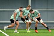 24 June 2025; Michael Milne, left, Gavin Coombes and Evan O'Connell during the Ireland rugby squad training at the IRFU High Performance Centre at the Sport Ireland Campus in Dublin. Photo by Brendan Moran/Sportsfile