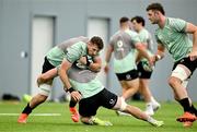 24 June 2025; Tom Ahern, left, and Evan O'Connell during the Ireland rugby squad training at the IRFU High Performance Centre at the Sport Ireland Campus in Dublin. Photo by Brendan Moran/Sportsfile