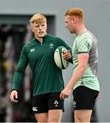 24 June 2025; Tommy O’Brien, left, and Ciaran Frawley during the Ireland rugby squad training at the IRFU High Performance Centre at the Sport Ireland Campus in Dublin. Photo by Brendan Moran/Sportsfile