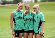 24 June 2025; Players, from left, Kyra Carusa, Abbie Larkin and Izzy Atkinson during a Republic of Ireland women training session at North Area Athletic Complex in Arvada, Colorado, USA. Photo by Stephen McCarthy/Sportsfile