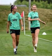 24 June 2025; Caitlin Hayes and Kyra Carusa, right, during a Republic of Ireland women training session at North Area Athletic Complex in Arvada, Colorado, USA. Photo by Stephen McCarthy/Sportsfile
