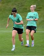 24 June 2025; Marissa Sheva and Izzy Atkinson, right, during a Republic of Ireland women training session at North Area Athletic Complex in Arvada, Colorado, USA. Photo by Stephen McCarthy/Sportsfile
