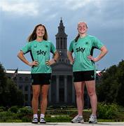 24 June 2025; Republic of Ireland's Kyra Carusa, left and goalkeeper Courtney Brosnan pose for a photograph in front of the Denver City & County Building, ahead of their international friendly match against United States at Dick’s Sporting Goods Park in Colorado, USA, on Thursday. Photo by Stephen McCarthy/Sportsfile