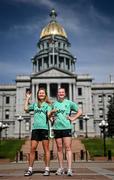 24 June 2025; Republic of Ireland's Kyra Carusa, left and goalkeeper Courtney Brosnan pose for a photograph in front of the Colorado State Capitol building, ahead of their international friendly match against United States at Dick’s Sporting Goods Park in Colorado, USA, on Thursday. Photo by Stephen McCarthy/Sportsfile