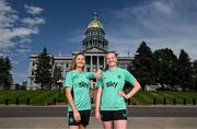 24 June 2025; Republic of Ireland's Kyra Carusa, left and goalkeeper Courtney Brosnan pose for a photograph in front of the Colorado State Capitol building, ahead of their international friendly match against United States at Dick’s Sporting Goods Park in Colorado, USA, on Thursday. Photo by Stephen McCarthy/Sportsfile