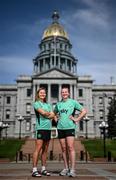 24 June 2025; Republic of Ireland's Kyra Carusa, left and goalkeeper Courtney Brosnan pose for a photograph in front of the Colorado State Capitol building, ahead of their international friendly match against United States at Dick’s Sporting Goods Park in Colorado, USA, on Thursday. Photo by Stephen McCarthy/Sportsfile