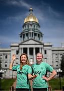24 June 2025; Republic of Ireland's Kyra Carusa, left and goalkeeper Courtney Brosnan pose for a photograph in front of the Colorado State Capitol building, ahead of their international friendly match against United States at Dick’s Sporting Goods Park in Colorado, USA, on Thursday. Photo by Stephen McCarthy/Sportsfile