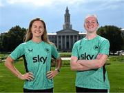 24 June 2025; Republic of Ireland's Kyra Carusa, left and goalkeeper Courtney Brosnan pose for a photograph in front of the Denver City & County Building, ahead of their international friendly match against United States at Dick’s Sporting Goods Park in Colorado, USA, on Thursday. Photo by Stephen McCarthy/Sportsfile