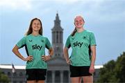 24 June 2025; Republic of Ireland's Kyra Carusa, left and goalkeeper Courtney Brosnan pose for a photograph in front of the Denver City & County Building, ahead of their international friendly match against United States at Dick’s Sporting Goods Park in Colorado, USA, on Thursday. Photo by Stephen McCarthy/Sportsfile
