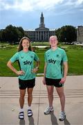 24 June 2025; Republic of Ireland's Kyra Carusa, left and goalkeeper Courtney Brosnan pose for a photograph in front of the Denver City & County Building, ahead of their international friendly match against United States at Dick’s Sporting Goods Park in Colorado, USA, on Thursday. Photo by Stephen McCarthy/Sportsfile