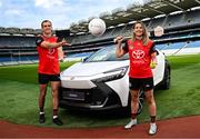 26 June 2025; Pictured pitch side in Croke Park at today’s launch of Toyota Ireland as the new Official Car Partner to The Camogie Association are Galway footballer and Toyota ambassador John Maher and Dublin Camogie captain and Toyota ambassador Aisling Maher with the Toyota C-HR Hybrid. Under this new three-year agreement, Toyota becomes the Official Car Partner to these sporting organisations and reflects Toyota’s continued commitment to supporting Irish sport and communities across the country. Photo by Seb Daly/Sportsfile