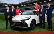 26 June 2025; Pictured pitch side in Croke Park at today’s launch of Toyota Ireland as the new Official Car Partner to The Camogie Association are Galway footballer and Toyota ambassador John Maher and Dublin Camogie captain and Toyota ambassador Aisling Maher with the Toyota C-HR Hybrid, alongside Steve Tormey, CEO of Toyota Ireland, Brian Molloy, President of The Camogie Association, Jarlath Burns, President of the GAA and Tom Parsons, CEO of the GPA. Under this new three-year agreement, Toyota becomes the Official Car Partner to these sporting organisations and reflects Toyota’s continued commitment to supporting Irish sport and communities across the country. Photo by Seb Daly/Sportsfile
