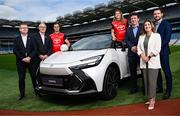 26 June 2025; Pictured pitch side in Croke Park at today’s launch of Toyota Ireland as the new Official Car Partner to The Camogie Association are Galway footballer and Toyota ambassador John Maher and Dublin Camogie captain and Toyota ambassador Aisling Maher with the Toyota C-HR Hybrid, alongside Steve Tormey, CEO of Toyota Ireland, Zoë Bradley, Head of Marketing at Toyota Ireland, Brian Molloy, President of The Camogie Association, Jarlath Burns, President of the GAA and Tom Parsons, CEO of the GPA. Under this new three-year agreement, Toyota becomes the Official Car Partner to these sporting organisations and reflects Toyota’s continued commitment to supporting Irish sport and communities across the country. Photo by Seb Daly/Sportsfile