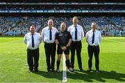 21 June 2025; Referee Liam Gordon with his umpires, left to right, Ollie Reilly, John Naughton, Alann McClearrn, and Damien Gibbons, ahead of the GAA Hurling All-Ireland Senior Championship quarter-final match between Dublin and Limerick at Croke Park in Dublin. Photo by Daire Brennan/Sportsfile