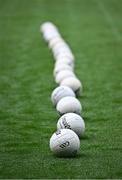 22 June 2025; Footballs on the pitch for the Wicklow warm-up before the Tailteann Cup semi-final match between Wicklow and Limerick at Croke Park in Dublin. Photo by Piaras Ó Mídheach/Sportsfile