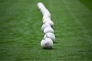 22 June 2025; Footballs on the pitch for the Wicklow warm-up before the Tailteann Cup semi-final match between Wicklow and Limerick at Croke Park in Dublin. Photo by Piaras Ó Mídheach/Sportsfile