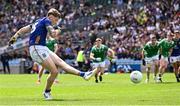 22 June 2025; Oisin McGraynor of Wicklow takes a penalty that was saved by Limerick goalkeeper Josh Ryan during the Tailteann Cup semi-final match between Wicklow and Limerick at Croke Park in Dublin. Photo by Piaras Ó Mídheach/Sportsfile