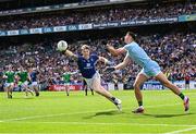 22 June 2025; Limerick goalkeeper Josh Ryan clears the ball after saving a penalty from Oisin McGraynor of Wicklow, left, during the Tailteann Cup semi-final match between Wicklow and Limerick at Croke Park in Dublin. Photo by Piaras Ó Mídheach/Sportsfile
