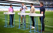 22 June 2025; Kevin Feely of Kildare speaking to RTÉ Sport presenter Joanne Cantwell after the Tailteann Cup semi-final match between Kildare and Fermanagh at Croke Park in Dublin. Photo by Piaras Ó Mídheach/Sportsfile