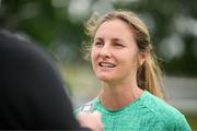 25 June 2025; Kyra Carusa is interviewed by David Kelly of The Irish Independent during a Republic of Ireland women training session at North Area Athletic Complex in Arvada, Colorado, USA. Photo by Stephen McCarthy/Sportsfile