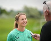 25 June 2025; Kyra Carusa is interviewed by David Kelly of The Irish Independent during a Republic of Ireland women training session at North Area Athletic Complex in Arvada, Colorado, USA. Photo by Stephen McCarthy/Sportsfile