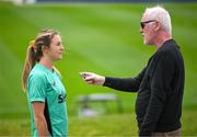 25 June 2025; Kyra Carusa is interviewed by David Kelly of The Irish Independent during a Republic of Ireland women training session at North Area Athletic Complex in Arvada, Colorado, USA. Photo by Stephen McCarthy/Sportsfile