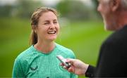 25 June 2025; Kyra Carusa is interviewed by David Kelly of The Irish Independent during a Republic of Ireland women training session at North Area Athletic Complex in Arvada, Colorado, USA. Photo by Stephen McCarthy/Sportsfile