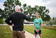 25 June 2025; Kyra Carusa is interviewed by David Kelly of The Irish Independent during a Republic of Ireland women training session at North Area Athletic Complex in Arvada, Colorado, USA. Photo by Stephen McCarthy/Sportsfile