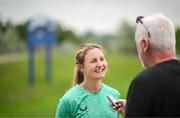 25 June 2025; Kyra Carusa is interviewed by David Kelly of The Irish Independent during a Republic of Ireland women training session at North Area Athletic Complex in Arvada, Colorado, USA. Photo by Stephen McCarthy/Sportsfile