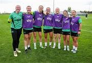 25 June 2025; Players, from left, goalkeeper Courtney Brosnan, Emily Murphy, Anna Patten, Jessie Stapleton, Amber Barrett, Marissa Sheva and Ellen Molloy during a Republic of Ireland women training session at North Area Athletic Complex in Arvada, Colorado, USA. Photo by Stephen McCarthy/Sportsfile