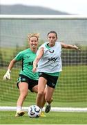 25 June 2025; Abbie Larkin and goalkeeper Sophie Whitehouse during a Republic of Ireland women training session at North Area Athletic Complex in Arvada, Colorado, USA. Photo by Stephen McCarthy/Sportsfile