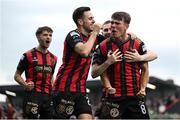 23 June 2025; Dayle Rooney of Bohemians, right, celebrates with team-mates after scoring his side's first goal during the SSE Airtricity Men's Premier Division match between Bohemians and Shamrock Rovers at Dalymount Park in Dublin. Photo by Shauna Clinton/Sportsfile