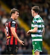 23 June 2025; Dayle Rooney of Bohemians and Matt Healy of Shamrock Rovers during the SSE Airtricity Men's Premier Division match between Bohemians and Shamrock Rovers at Dalymount Park in Dublin. Photo by Shauna Clinton/Sportsfile