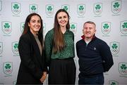 25 July 2025; Olympic Federation of Ireland chair of the athletes commission Aifric Keogh, centre, with athletes commission members Hannah McLoughlin, left, and Paddy Barnes, during the Olympic Federation of Ireland AGM at The Alex Hotel in Dublin. Photo by Seb Daly/Sportsfile
