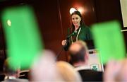 25 July 2025; Olympic Federation of Ireland chair of the athletes commission Aifric Keogh speaking during the Olympic Federation of Ireland AGM at The Alex Hotel in Dublin. Photo by Seb Daly/Sportsfile