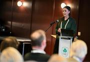 25 July 2025; Olympic Federation of Ireland chair of the athletes commission Aifric Keogh speaking during the Olympic Federation of Ireland AGM at The Alex Hotel in Dublin. Photo by Seb Daly/Sportsfile