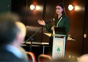 25 July 2025; Olympic Federation of Ireland chair of the athletes commission Aifric Keogh speaking during the Olympic Federation of Ireland AGM at The Alex Hotel in Dublin. Photo by Seb Daly/Sportsfile