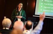 25 July 2025; Olympic Federation of Ireland chair of the athletes commission Aifric Keogh speaking during the Olympic Federation of Ireland AGM at The Alex Hotel in Dublin. Photo by Seb Daly/Sportsfile