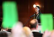 25 July 2025; Olympic Federation of Ireland chair of the athletes commission Aifric Keogh speaking during the Olympic Federation of Ireland AGM at The Alex Hotel in Dublin. Photo by Seb Daly/Sportsfile