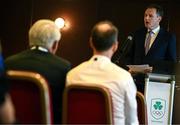 25 July 2025; Minister of State at the Department of Culture, Communications and Sport Charlie McConalogue TD speaking the Olympic Federation of Ireland AGM at The Alex Hotel in Dublin. Photo by Seb Daly/Sportsfile