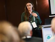 25 July 2025; Olympic Federation of Ireland chair of the athletes commission Aifric Keogh speaking during the Olympic Federation of Ireland AGM at The Alex Hotel in Dublin. Photo by Seb Daly/Sportsfile