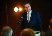 25 July 2025; Minister of State at the Department of Culture, Communications and Sport Charlie McConalogue TD speaking the Olympic Federation of Ireland AGM at The Alex Hotel in Dublin. Photo by Seb Daly/Sportsfile