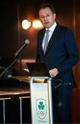 25 July 2025; Minister of State at the Department of Culture, Communications and Sport Charlie McConalogue TD speaking the Olympic Federation of Ireland AGM at The Alex Hotel in Dublin. Photo by Seb Daly/Sportsfile
