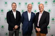 25 July 2025; Olympic Federation of Ireland president Lochlann Walsh, centre, with Cricket Ireland chairman Brian MacNeice, left, and Cricket Ireland chief executive Warren Deutrom, during the Olympic Federation of Ireland AGM at The Alex Hotel in Dublin. Photo by Seb Daly/Sportsfile